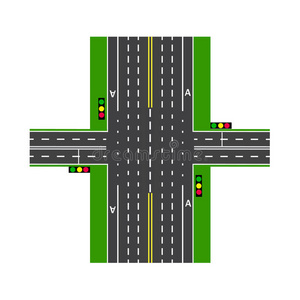 圆圈交汇处十字路口. 在红绿灯的帮助下. 公路交汇处. 草坪.