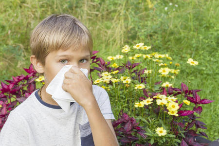 孩子在擤鼻涕。他身后的鲜花和绿色的草地。医疗保健，医学，过敏概念。