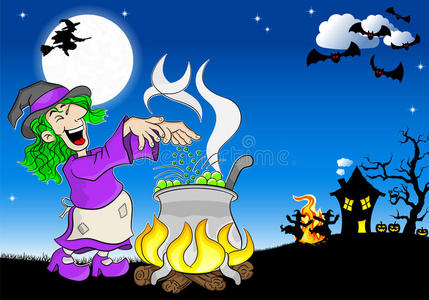 魔法药剂巫婆在锅里煮一种魔法药剂照片