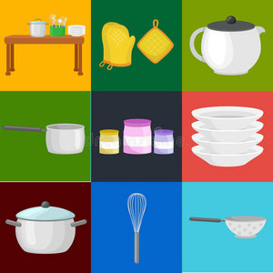 食品和烹饪横幅设置厨房用具，厨房工具烹饪或膳食，家庭设备