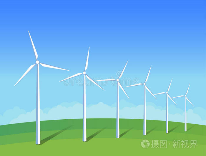 背景蓝天上绿色草地上的电动风车。 生态环境插图的演示，网站，在