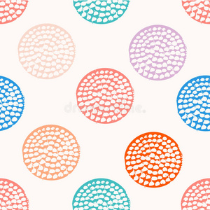 彩色纹理圆形无缝图案，蓝色，粉红色，橙色，紫色圆形花纹圆点，包装纸。