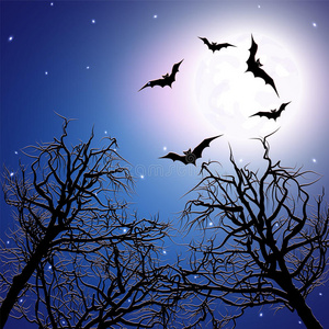 夜间树顶上的蝙蝠群。