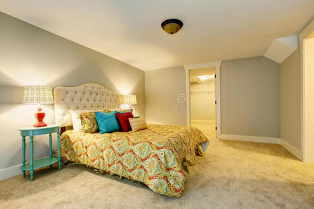 卧室内部有地毯地板和漂亮的床上用品。