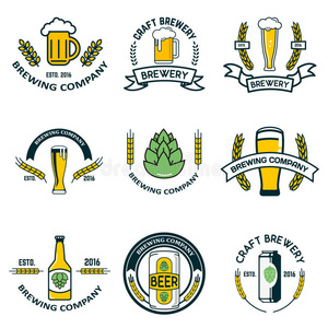 啤酒杯,瓶子,啤酒花,小麦花环.照片