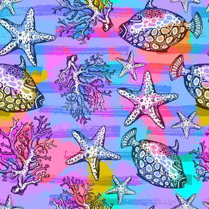 异国情调的鱼，珊瑚和海星五颜六色的无缝图案。 夏天无尽的重复海洋背景。