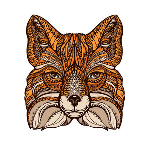民族装饰狐狸。 手绘矢量插图与装饰元素