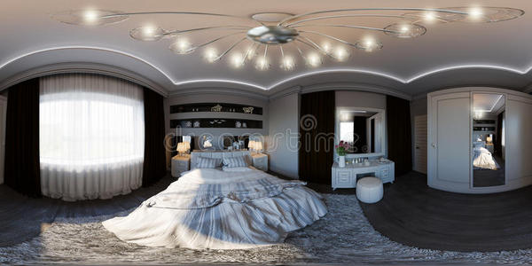 三维插图无缝全景卧室室内设计。
