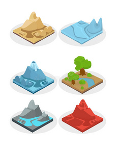 游戏地面项目。 自然石，卡通风格界面中的景观，岩石和水层。矢量。