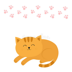 可爱的躺着睡着的橙色猫，胡子胡须。 有趣的卡通人物。 粉红色动物爪子印。 白色背景