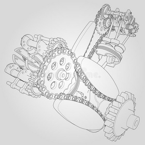 发动机部件处于拆卸状态。 线条的矢量插图。