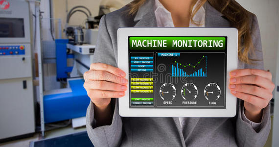 女商人的复合图像显示一台平板电脑