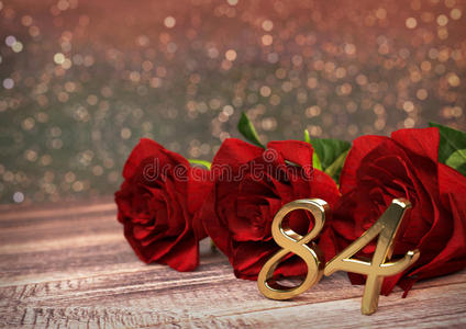 生日概念与红色玫瑰在木桌上。 第八十四条。 84rd。 三维渲染