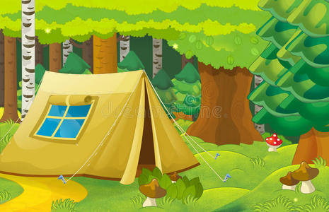 房子里的避难所森林里有帐篷的卡通场景照片
