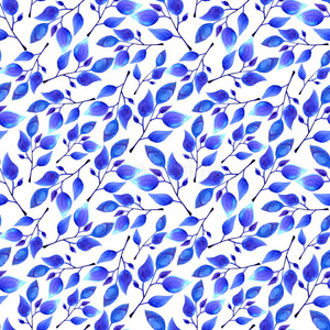 手绘水彩蓝叶无缝花卉图案