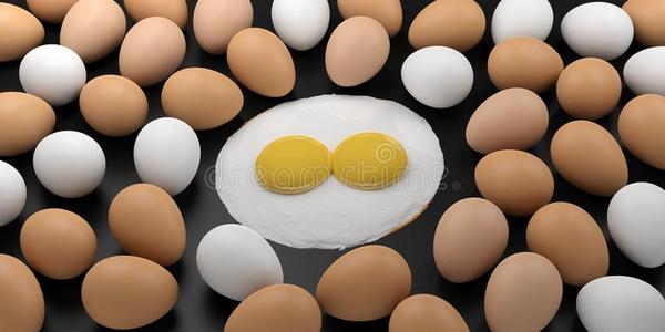 三维渲染煎蛋在鸡蛋在黑色背景