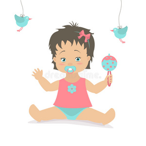 拨浪鼓插图坐着拨浪鼓的女婴.矢量卡通插图.照片