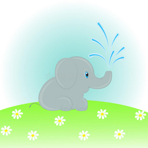 浇花的卡通卡通大象在草地上浇花. 矢量插图.照片
