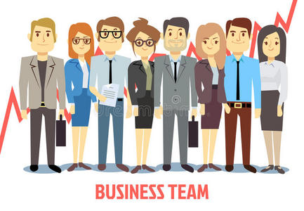 商业团队矢量概念，男人和女人站在一起。 团队合作漫画
