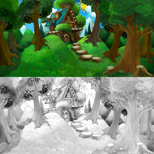 卡通色彩斑斓的场景与美丽的木屋在森林有着色页照片