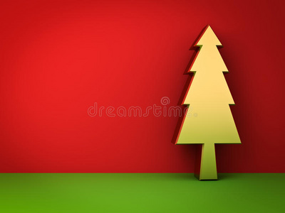 金色圣诞树的红色和绿色背景与阴影为圣诞装饰照片