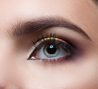 完美的妆容和眉毛. 美丽的灰色眼睛照片