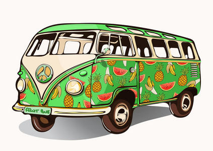 起风了插画水果巴士,老式汽车,嬉皮士运输与空气刷.
