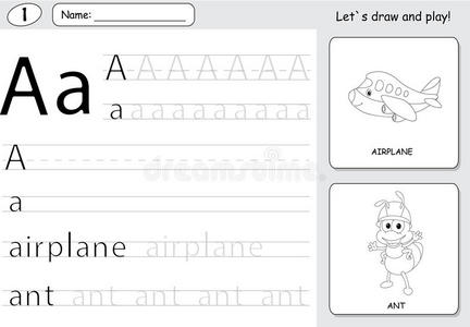 卡通蚂蚁和飞机。 字母追踪工作表为孩子编写az和教育游戏