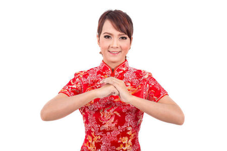 亚洲中国女孩用传统汉语问候照片