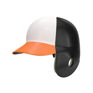 黑色和橙色击球头盔隔离在白色。 三维插图