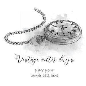 手绘古董明信片. 带有水彩污渍的抽象背景上的怀表照片