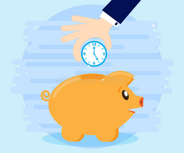 商人在猪罐里放下钟。 商业概念。 时间比钱多。 时间是一种投资。 平淡的风格