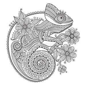 黑白矢量插图与变色龙在民族模式.照片