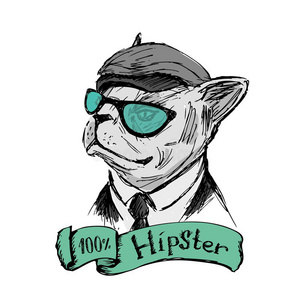 手绘时尚肖像的斗牛犬嬉皮士隔离在背部照片