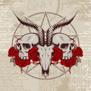 山羊头骨背景上有神秘的符号照片