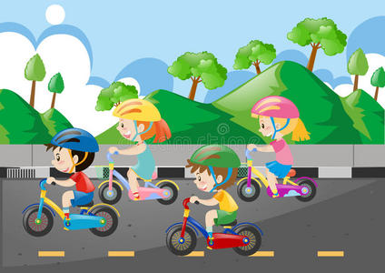 四个孩子在路上骑自行车
