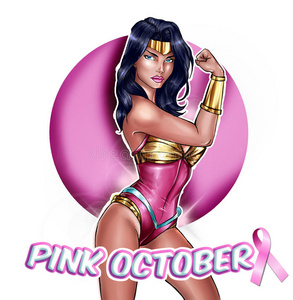 乳腺癌意识插图粉红色十月超级英雄女孩背景