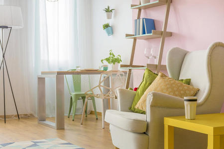舒适的客厅，粉红色和白色的想法