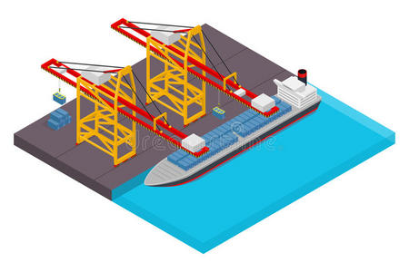 海港海滨和海事码头的鸟瞰与集装箱船装载等距海报