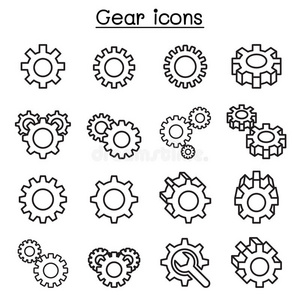 齿轮和维修图标设置在细线风格