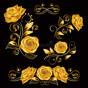 花。金色玫瑰的矢量插图。 装饰，华丽，古董，豪华，黑色背景上的花卉元素