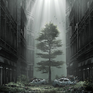 荒无人烟荒无人烟的城镇里的雾状街道照片