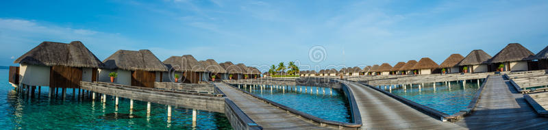 惊人的美丽的热带海滩全景的水平房与桥梁附近的海洋马尔代夫