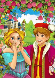 卡通场景的爱偶-王子和公主-城堡在背景-为不同的童话照片