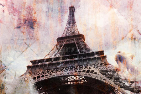 巴黎埃菲尔铁塔的抽象数字艺术，瓷砖纹理生锈。 明信片，高分辨率，可在画布上打印