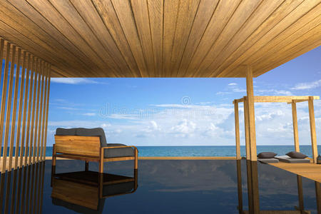 三维渲染现代木沙发室内装饰插图，阳台室外木房风格与阳台