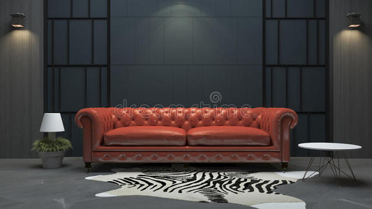 三维渲染红色皮革沙发在阁楼风格的客厅