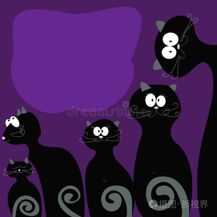 家庭猫尾巴是黑色的，紫色的背景是灰色的。