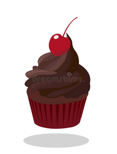 蛋糕与黑巧克力糖霜装饰和樱桃在红纸盒。 矢量插图