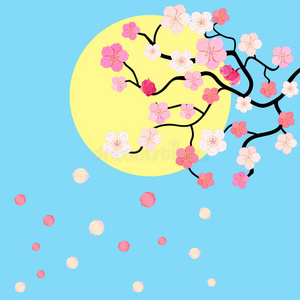 卡片与花朵日本樱桃对抗天空。 矢量